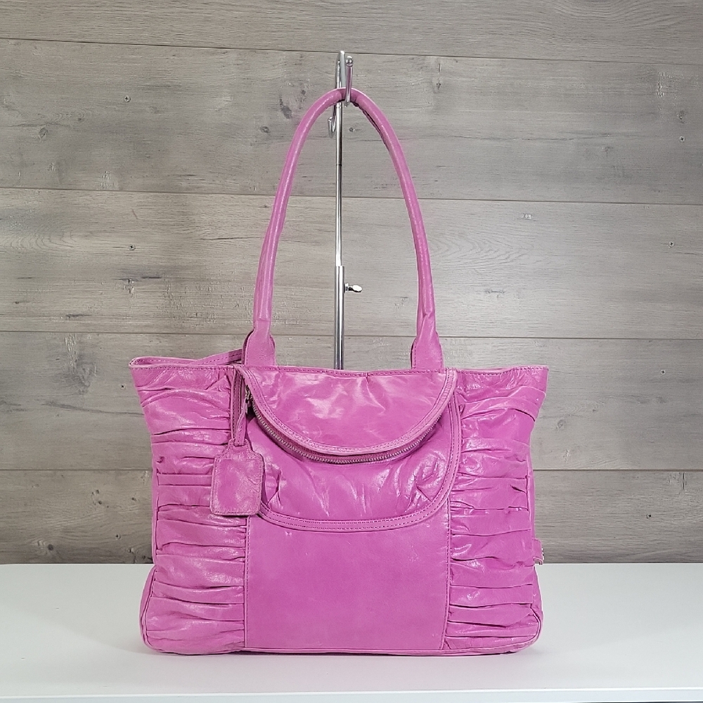 Latico NJ for Anthropologie Pink Ruffled Leather Laptop Tote Bag